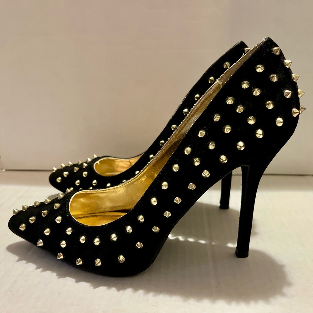 Anne Michelle Black Faux Suede Gold Studded Women's Heels